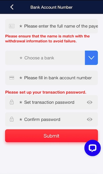 Step 3: Please input your bank account details and generate a transaction password